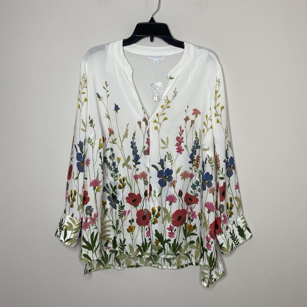 Cynthia Rowley Women's 1X Floral Blouse White Button Front 3/4 Sleeve Top V Neck
